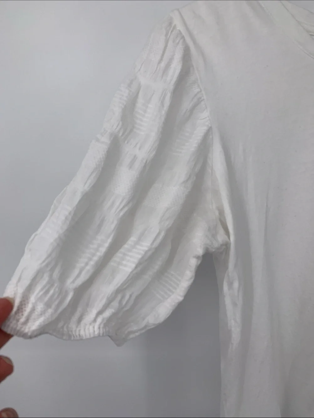 Rails Liza seersucker top white blouse shirt puffed short sleeve knit stretch M